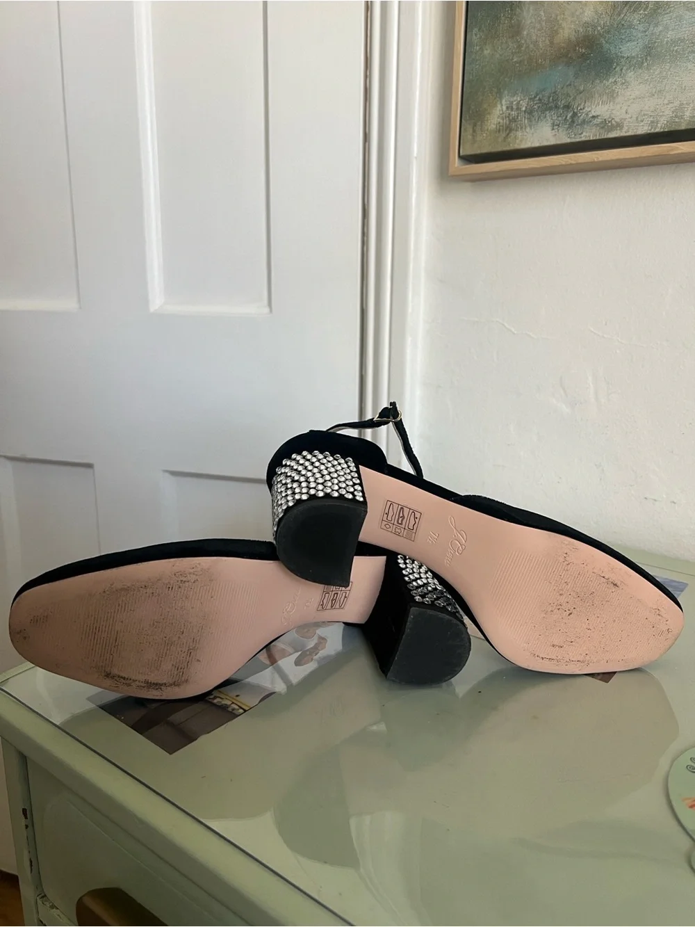 J. Crew Black Velvet Studded Block Heel Pumps with Ankle Strap